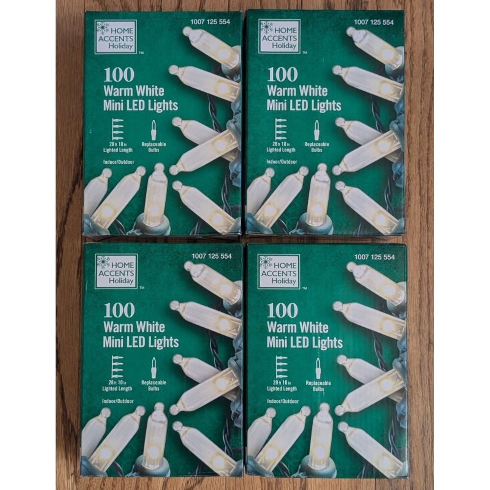 4 Boxes Home Accents Holiday 100ct Warm White LED Mini String Lights w/Green Wir